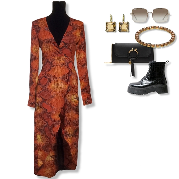 Snake Skin Print Long Sleeve V-Neck Semi Wrap Skirt Long Dress - Picture 17 of 17